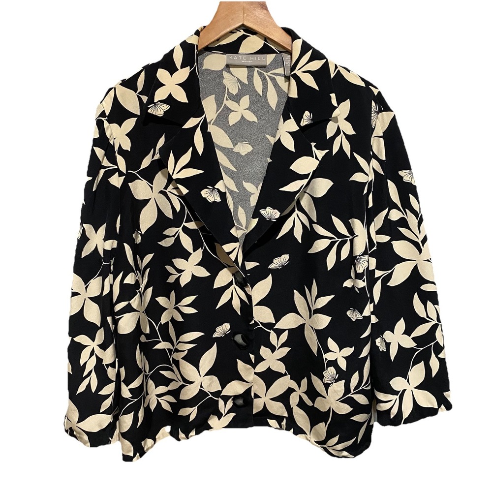 Kate Hill Women's Black And Tan Floral 100% Silk Closed Blazer Top Size L